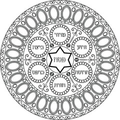 Passover judaic holiday plate with gemstone framing. Black on transparent outline mandala with hebrew text Passover,egg, shank bone,charoset, horse-radish, parsley, bitter herbs