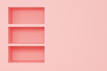 Abstract background with shelf in pink wall. Minimalist backdrop design for product promotion. 3d rendering
