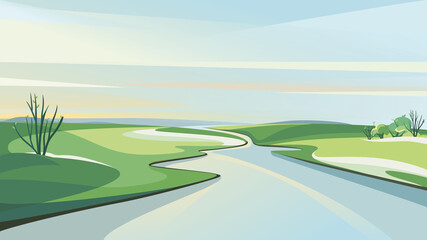 Fototapeta premium Spring landscape with river at dawn. Beautiful natural scenery.