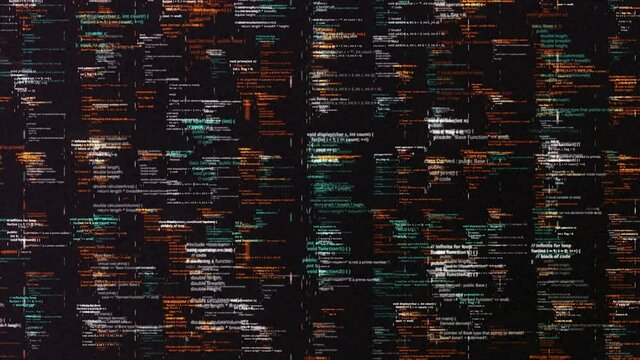 Computer code on LCD monitor. Animation. Endless quantity of programming code lines, artificial intelligence and computer language concept.