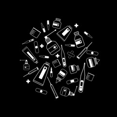 Obraz premium Medical white outline vector icon isolated on a black background. White vector icons in a circle shape. Meds, drugs, pills, bottles and health care medical elements