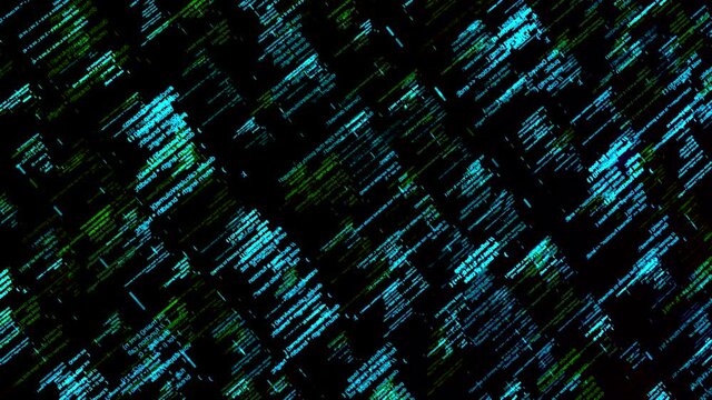 Abstract details of computer language, lines flowing on black background, seamless loop. Animation. Programming code elements on computer screen.