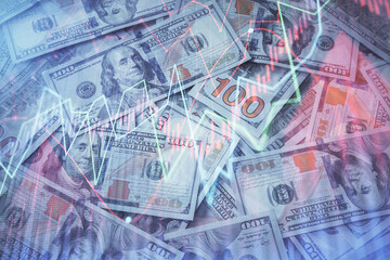 Double exposure of forex graph drawing over us dollars bill background. Concept of financial markets.