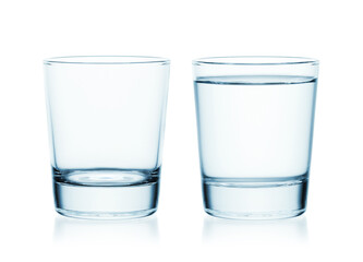 Full and empty glass of water isolated on white background. Conceptual photography.