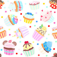 Cupcake background. Bright pattern of confetti and cupcakes decorated with cream, strawberry, hearts, mint, citrus, cherry, cookies and unicorn horn on white background. Vector 10 EPS.