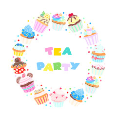 Tea party. Circle frame of cupcakes decorated with cream, strawberry, hearts, mint, citrus, cherry, cookies and unicorn horn on white background. Vector 10 EPS.