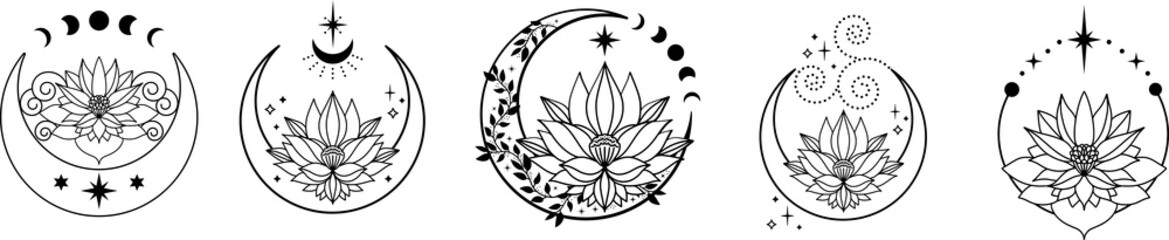 Set of Crescent moons with lotus flower, Flower Moon, Floral magic celestial clipart, Blooming Lotus Moon with Stars, Moon Phases