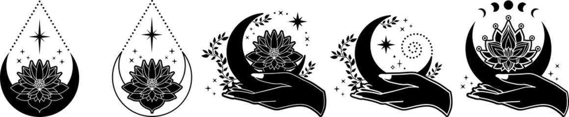 Satz von Halbmonden mit Lotusblume, Blumenmond, florale magische himmlische Cliparts, blühender Lotusmond mit Sternen, Mondphasen © Юлия Мальцева