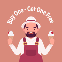 Buy one, get one free, ice cream shop sale promotion. Fat handsome positive man seller offering two products for same price, marketing tactic for retailers. Vector flat style cartoon illustration
