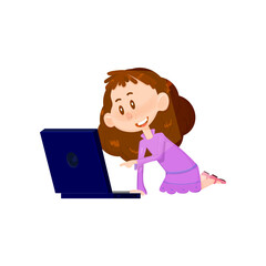 Cute girl character looks into a laptop.