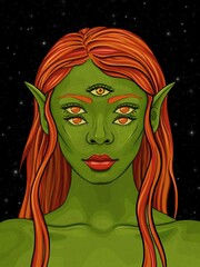 Illustration portrait of green girl from space with five eyes, elf ears, orange hair and red lips