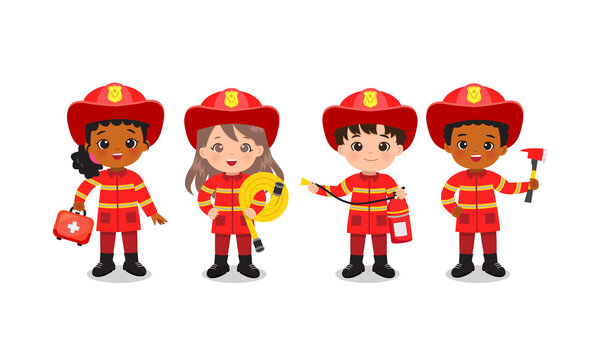 Fire fighter team pose with safety tools. Boy and girl in cute red uniform. Flat vector cartoon design isolated