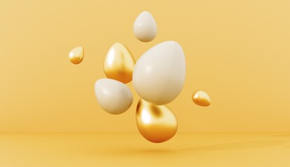 Abstract 3D render, Happy Easter greeting card, template with painted eggs. Holiday trend greeting card with copy space. Simple, minimalistic concept illustration for holiday events.