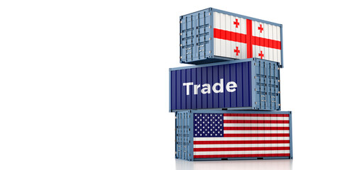 Freight containers with Georgia and USA flag. 3D Rendering 