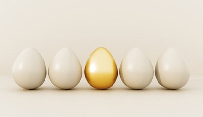 Abstract 3D render, Happy Easter greeting card, template with painted eggs. Holiday trend greeting card with copy space. Simple, minimalistic concept illustration for holiday events.