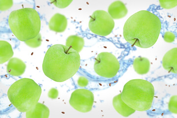 Fresh green apples with seeds  in water splash over white background. Flying green apples, in the air. Green apples in water