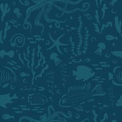 Marine animals blue seamless pattern. Vector illustration