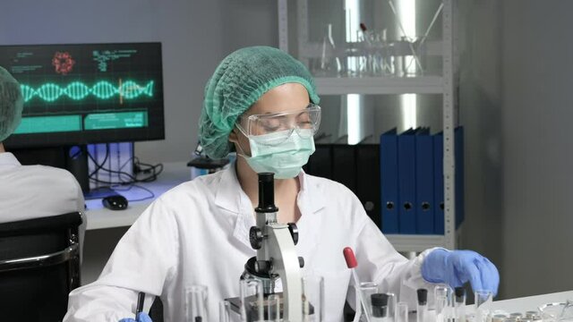 Scientists are researching for Covid19 vaccine in a laboratory. Doctors are testing  a new phamaceutical.