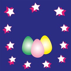 Easter eggs composition bright stars on a blue background. Template for greeting card design, banner