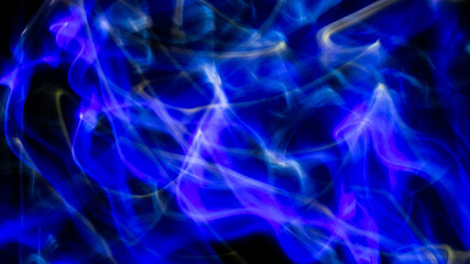 3D rendered or 3D illustration. Abstract shapes of blue and yellow colors on black background. Abstract art made with light painting.