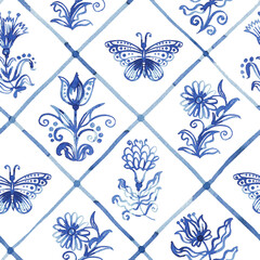 Blue seamless pattern - old fashion hand-drawn rustic floral motifs. Stylized flowers and butterflies on a background in cells. Pattern for wallpaper, fabric, packaging © Tonia Tkach