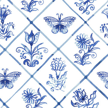 Blue seamless pattern - old fashion hand-drawn rustic floral motifs. Stylized flowers and butterflies on a background in cells. Pattern for wallpaper, fabric, packaging