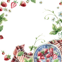 Hand drawn watercolor background with a plate of strawberries, ripe berries, leaves and flowers. Strawberry berries frame in a rural style. Spring garden