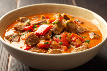 Traditional hungarian paprikash with turkey, bell pepper, carrot, onion, paprika and sour cream in bowl on dark wooden background