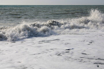 Sea surf on the Black Sea coast of the Caucasus in December.