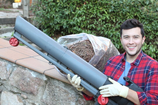 Cleaning Service Guy Using Leaf Blower 