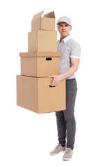 man in uniform holding many boxes