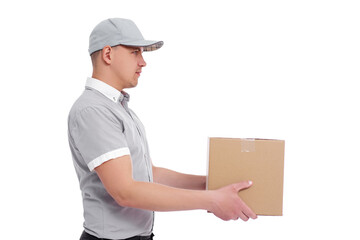 side view of postman giving a box isolated on white background.