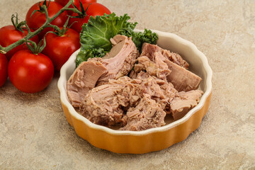 Canned tuna fillet in the bowl