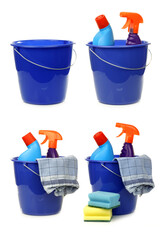 blue plastic household bucket with two cleaning bottles, a household towel and some cleaning pads...