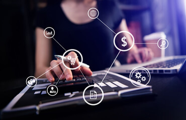 businesswoman hand working with  laptop computer and tablet