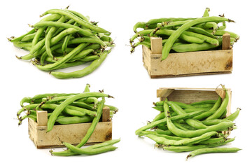 bunch of broad beans in a wooden box on a white background