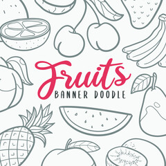 Fruit Doodle Banner Icon. Vegetables Vector Illustration Hand Drawn Art. Line Symbols Sketch Background.