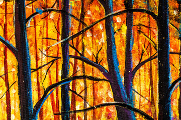 original oil painting Trees and branches close up in autumn orange forest landscape tree art nature