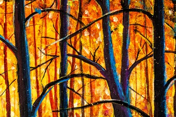 Original-Ölgemälde Bäume und Zweige hautnah im Herbst Orangenwald Landschaft Baum Kunst Natur © weris7554
