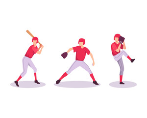 Fototapeta na wymiar Baseball sport athlete. Man with bat and glove, Baseball players. Men athletes in uniform playing baseball at championship competition, Pitcher throw ball to batter. Vector illustration in flat style