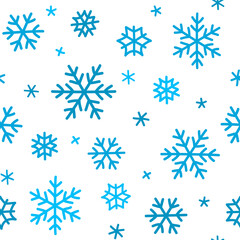 Fototapeta na wymiar Vector seamless pattern with cute cartoon snowflakes. Multi-colored blue flakes of snow isolated on a white background. Hand draw doodle style. For Web page fill, wallpaper, textile, fabric, packaging