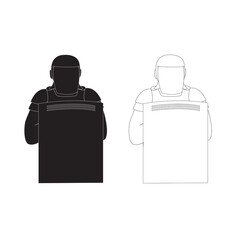 Policeman in uniform with a shield. Vector isolated silhouette and linear black and white icons.