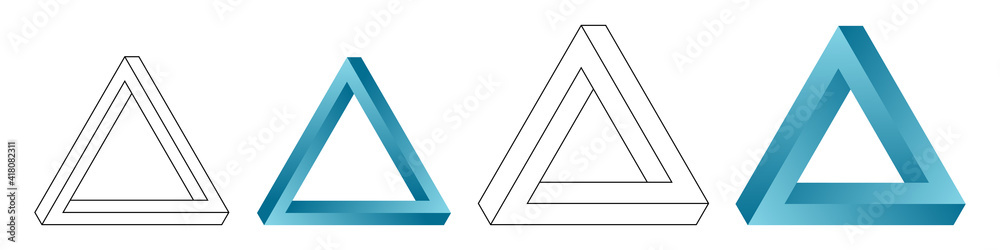 Wall mural set of four impossible triangles. eternal figures. penrose optical illusion. abstract infinite color