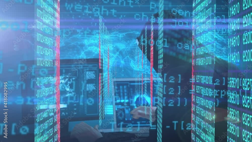 Poster animation of interface showing data and information with masked hacker using laptop in server room