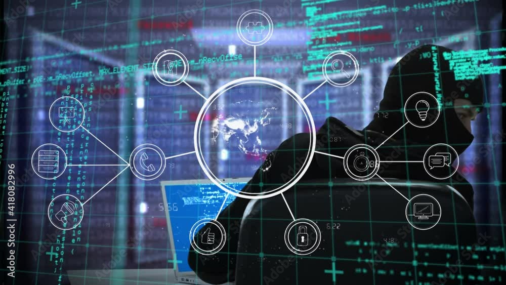 Poster animation of interface with globe and connected icons and and hooded hacker using laptop computer