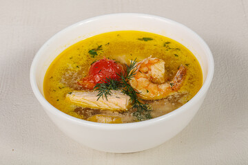 Fish soup with salmon and prawn