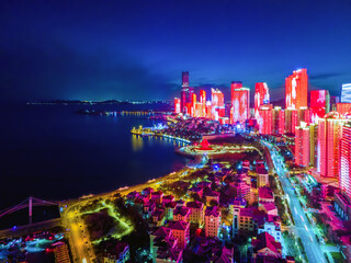 Aerial photography of the night view of the urban architectural landscape of Qingdao, China