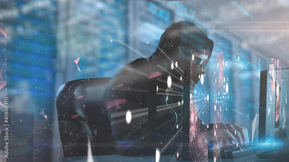 Poster animation of data and network connections with hooded hacker using laptop in server room