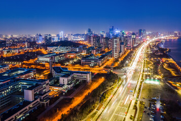 Fototapeta na wymiar Aerial photography of the night view of the urban architectural landscape of Qingdao, China