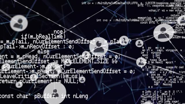 Animation of interface showing information and connected people icons in white on black background